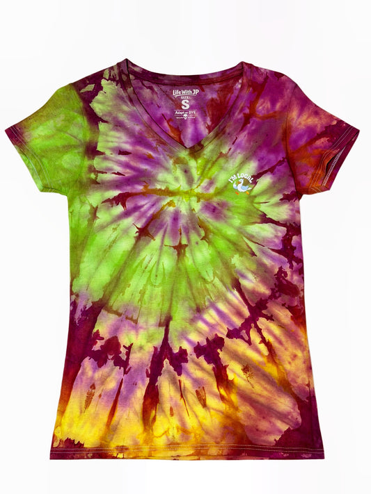 Womens Tie Dye V Neck (pink & green) Small
